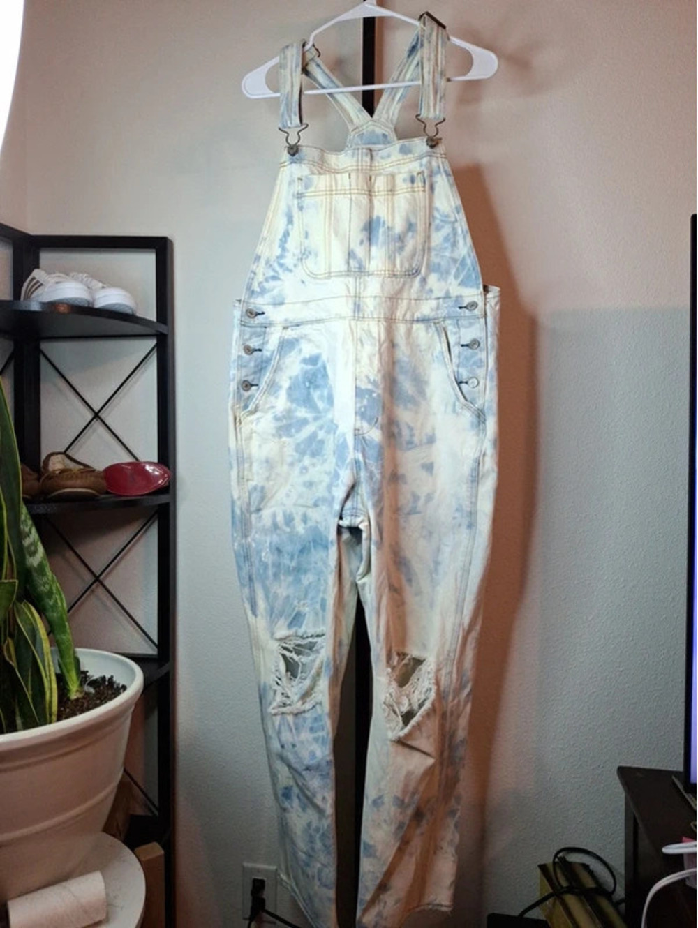 Abercrombie and Fitch Tie-dyed denim overalls with distressed knee size L